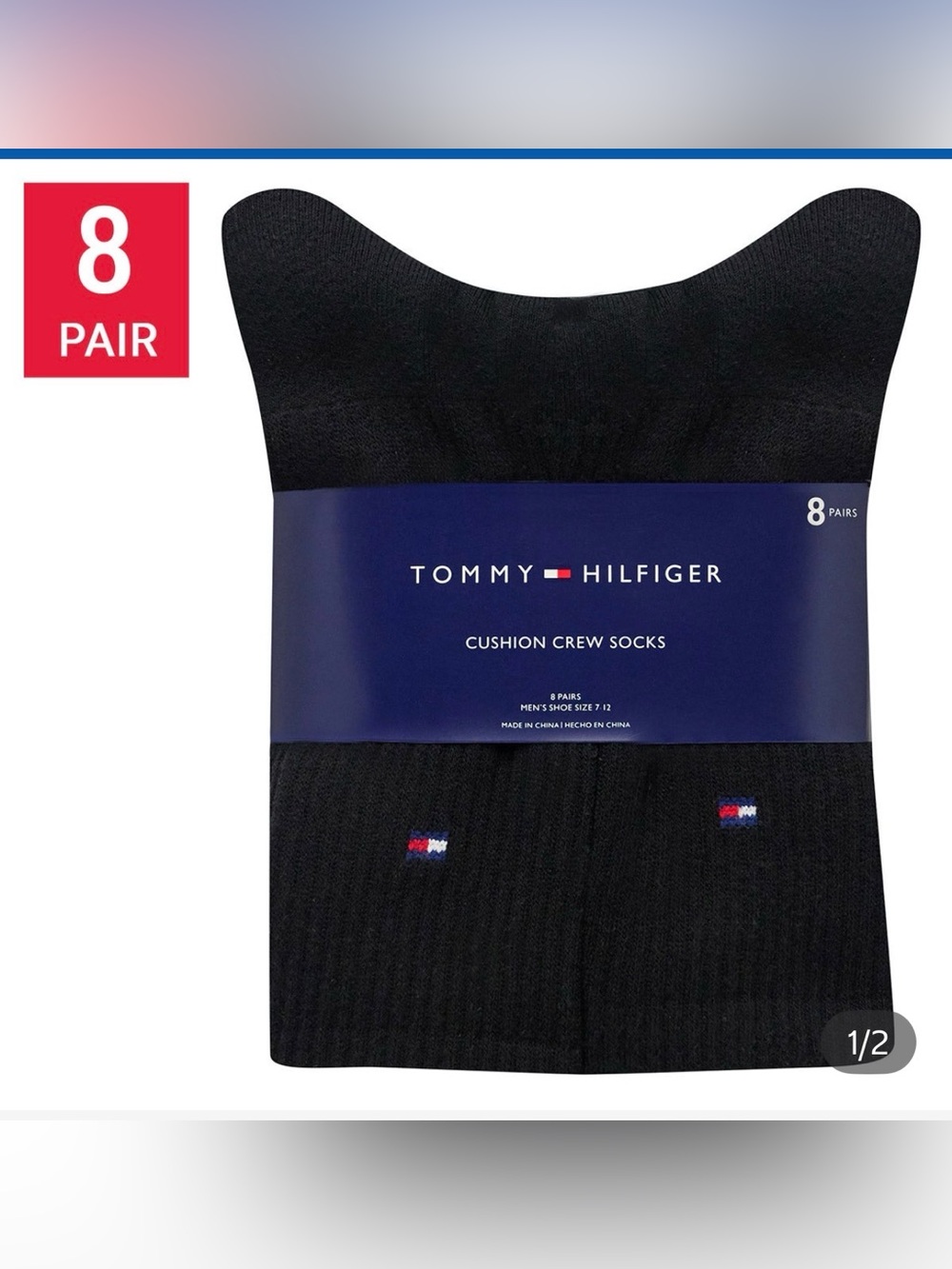 (6)Tommy Hilfiger White Crew Socks with Red & Blue Flag Accent - 8 Pack